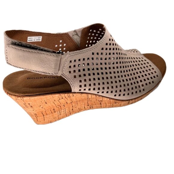 Rockport Womens Tan Taupe Perforated Leather Peep Toe Cork Wedge Shoes Sz 8.5 - Picture 4 of 12